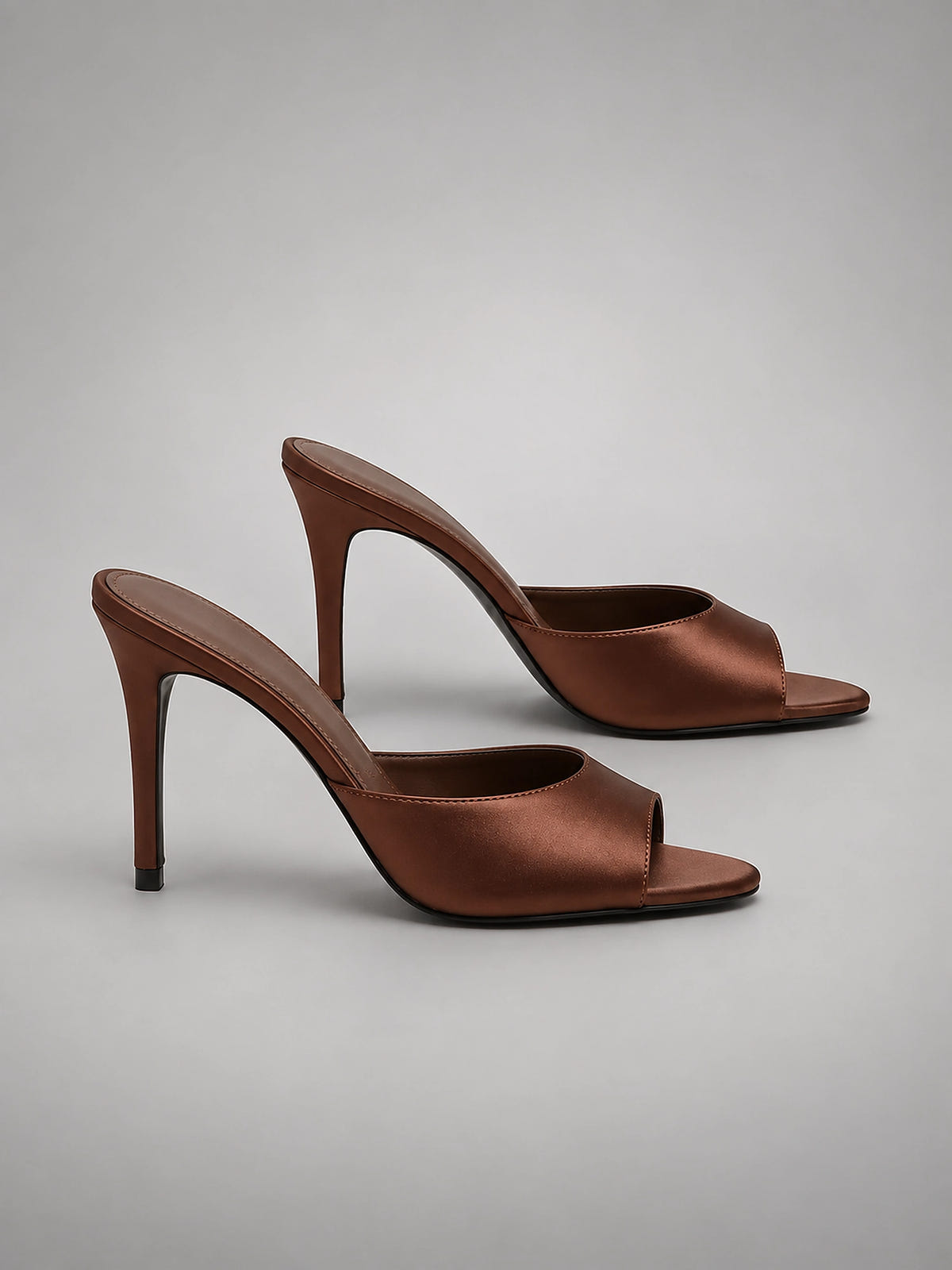 Women's Satin Mules – Open Toe Slip On Heels - Brown