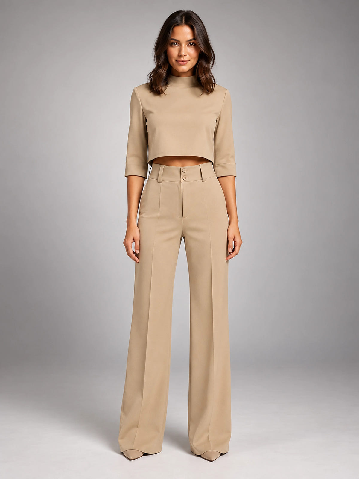 Women's Crop Top Set – Wide Leg Pants - Beige