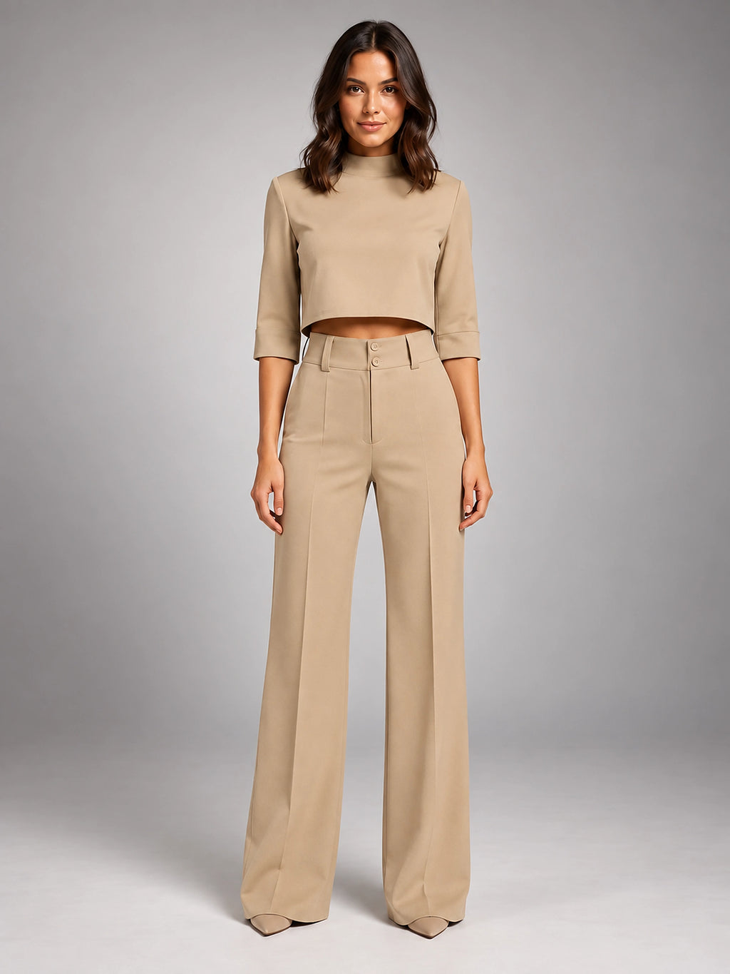 Women's Crop Top Set – Wide Leg Pants - Beige