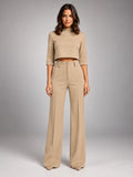 Women's Crop Top Set – Wide Leg Pants - Beige
