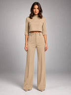 Women's Crop Top Set – Wide Leg Pants - Beige