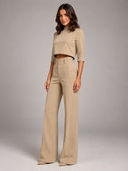 Women's Crop Top Set – Wide Leg Pants - Beige