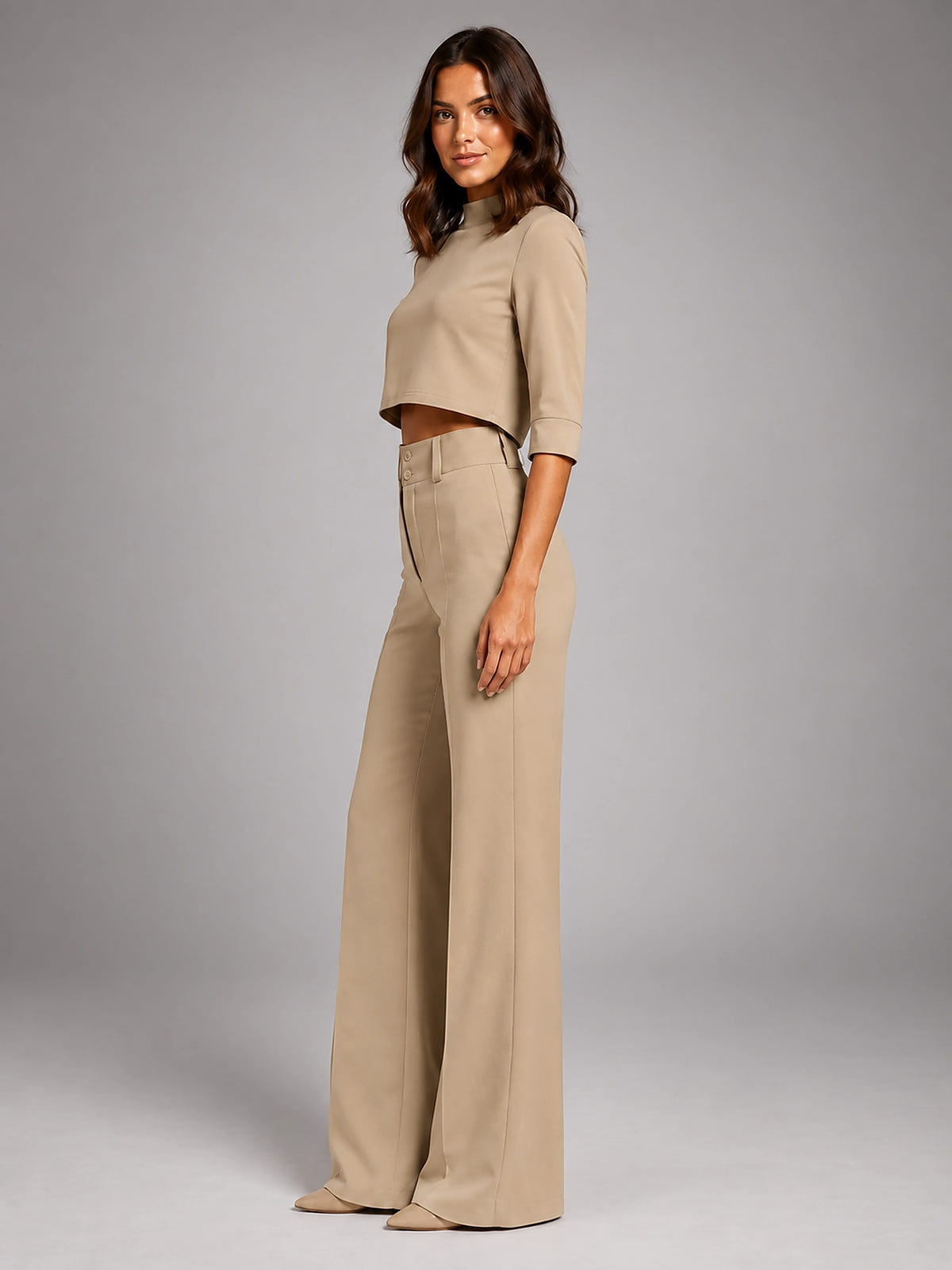 Women's Crop Top Set – Wide Leg Pants - Beige