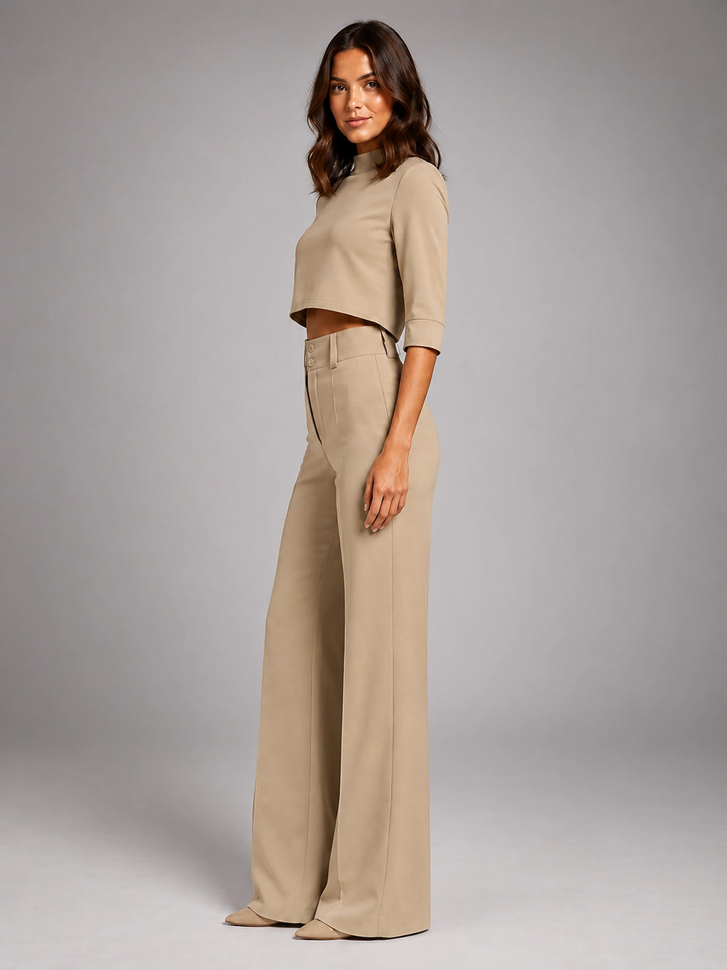 Women's Crop Top Set – Wide Leg Pants - Beige