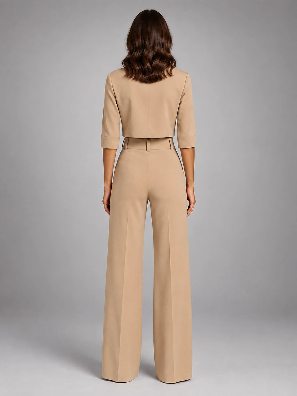 Women's Crop Top Set – Wide Leg Pants - Beige