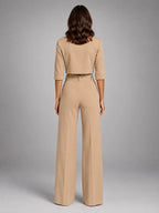 Women's Crop Top Set – Wide Leg Pants - Beige