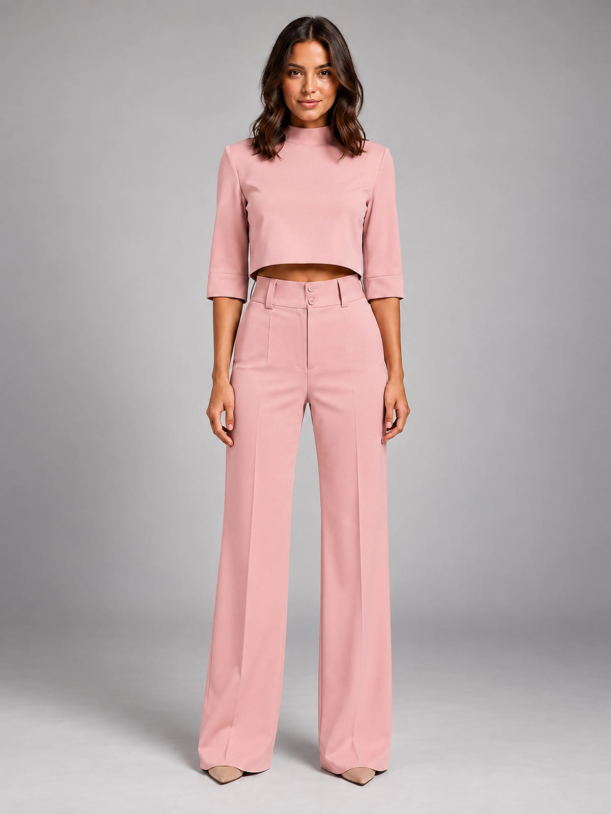 Women's Crop Top Set – Wide Leg Pants - Pink