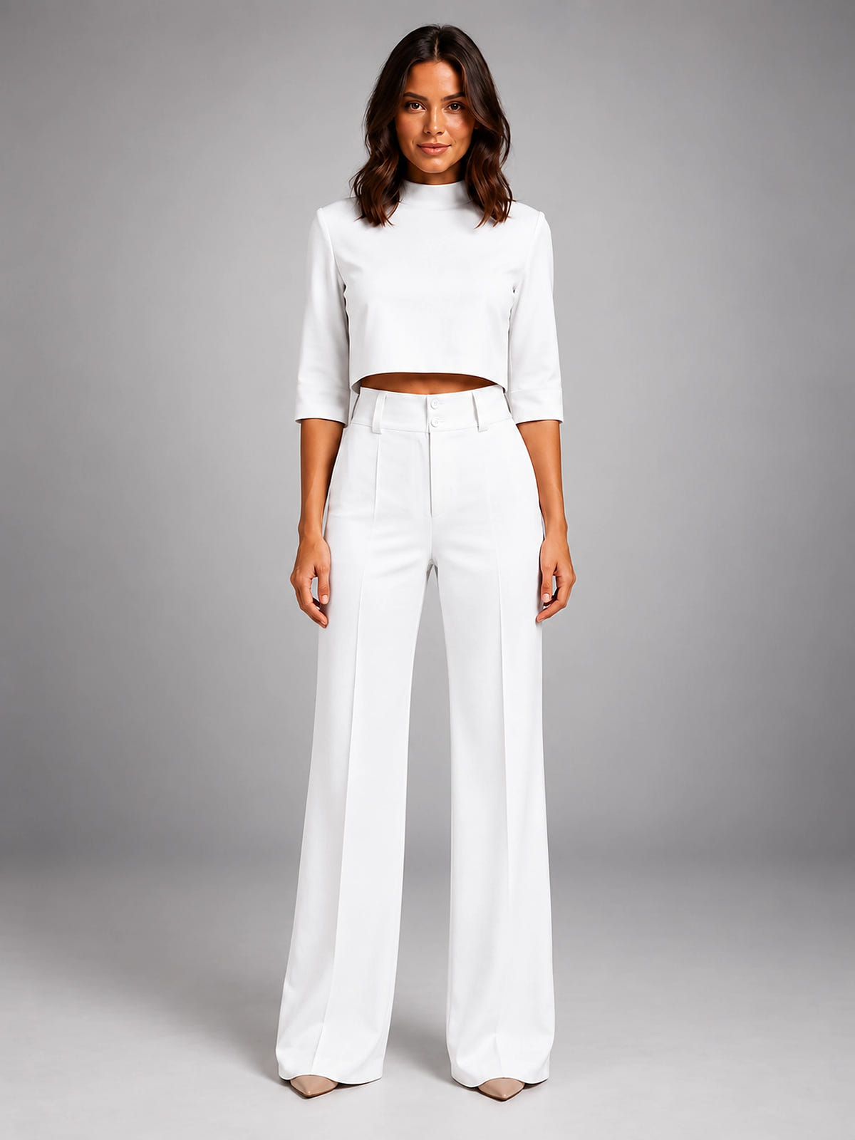 Women's Crop Top Set – Wide Leg Pants - White