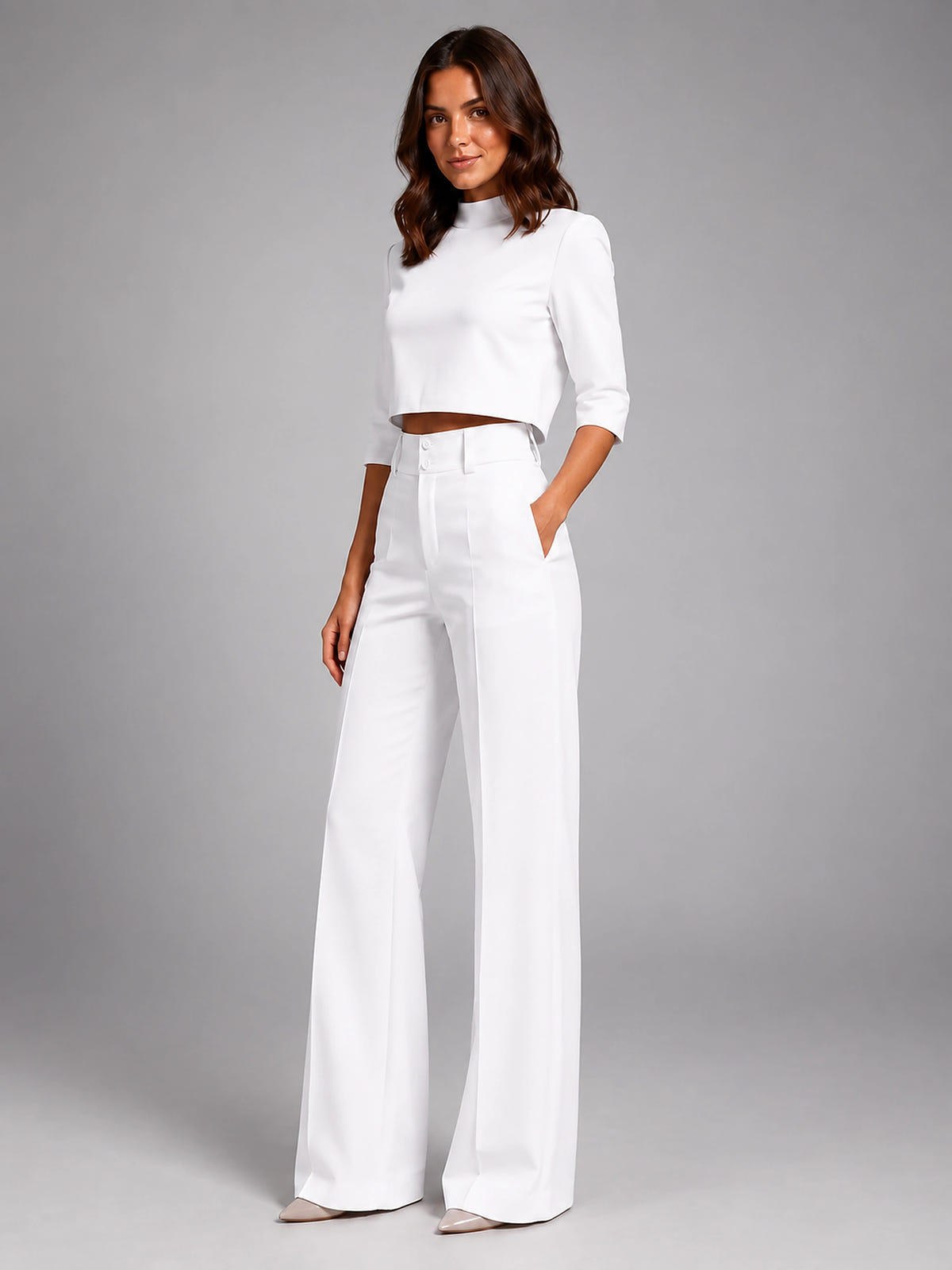 Women's Crop Top Set – Wide Leg Pants - White