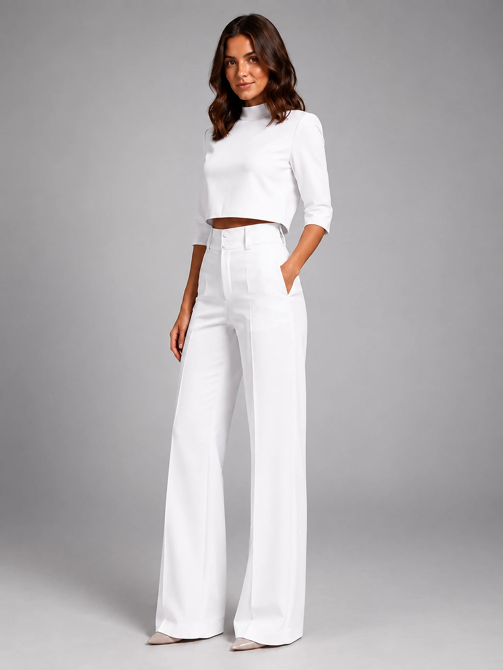 Women's Crop Top Set – Wide Leg Pants - White
