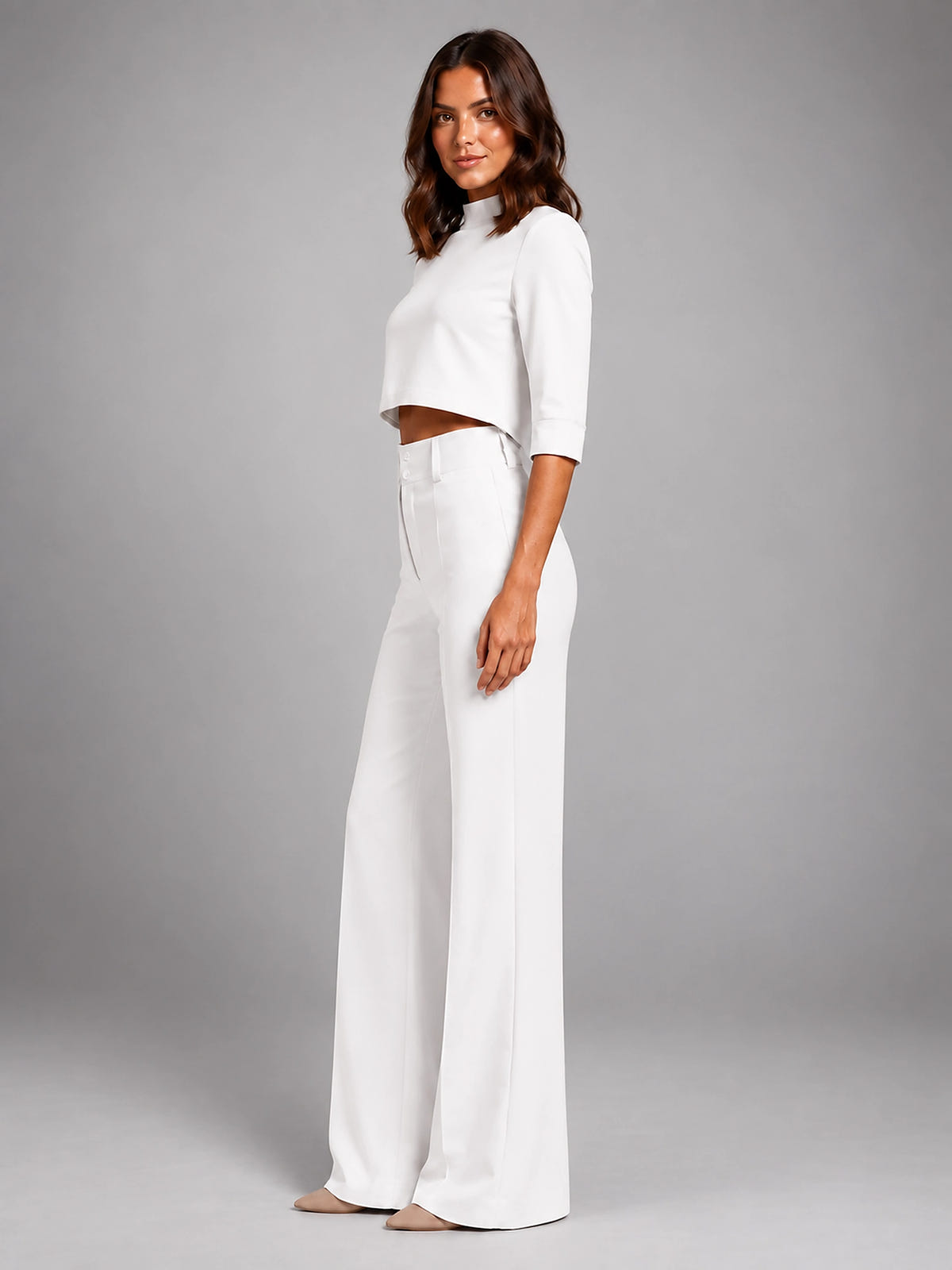 Women's Crop Top Set – Wide Leg Pants - White