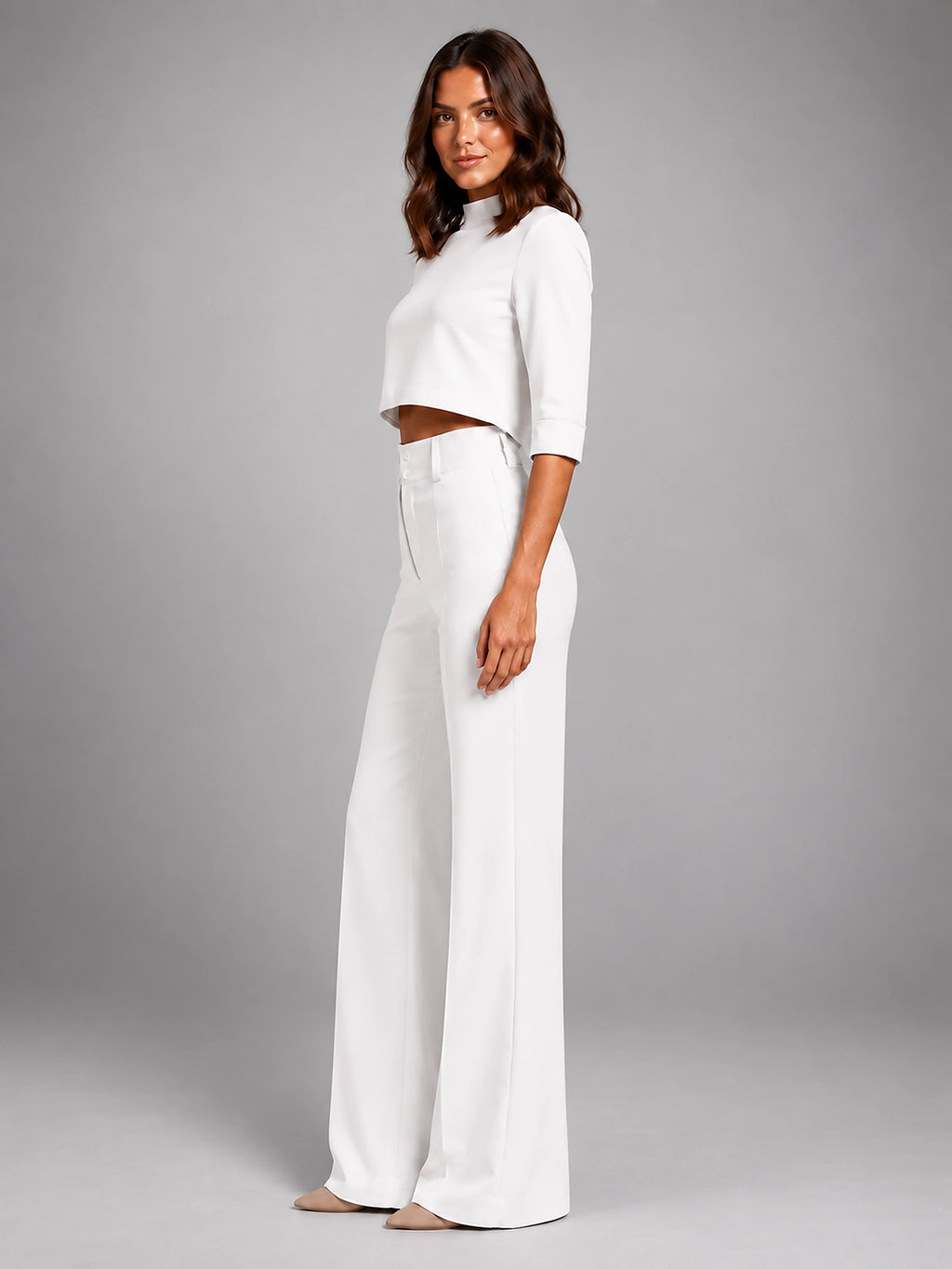 Women's Crop Top Set – Wide Leg Pants - White