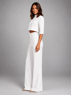 Women's Crop Top Set – Wide Leg Pants - White
