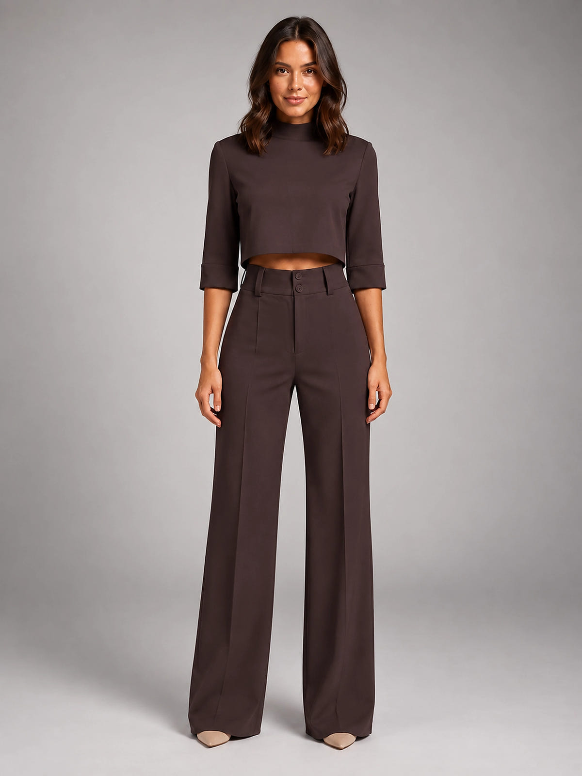 Women's Crop Top Set – Wide Leg Pants - Chocolate