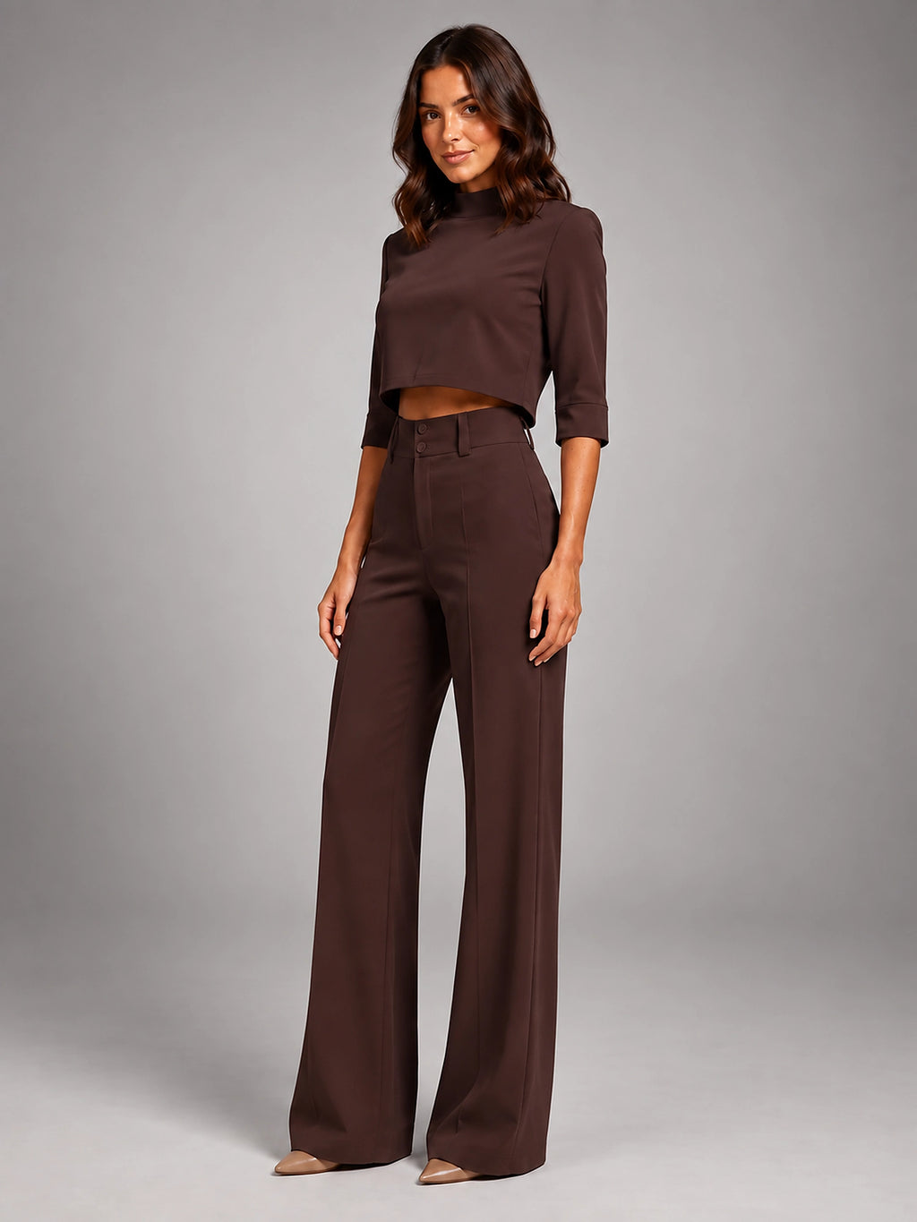 Women's Crop Top Set – Wide Leg Pants - Chocolate