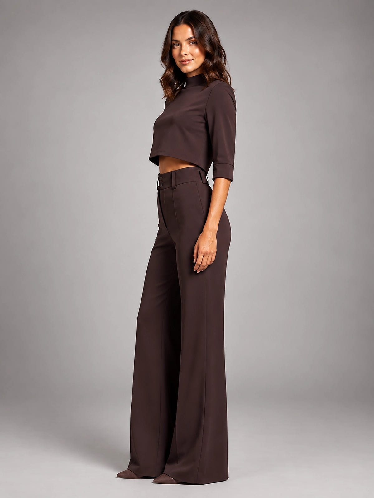 Women's Crop Top Set – Wide Leg Pants - Chocolate