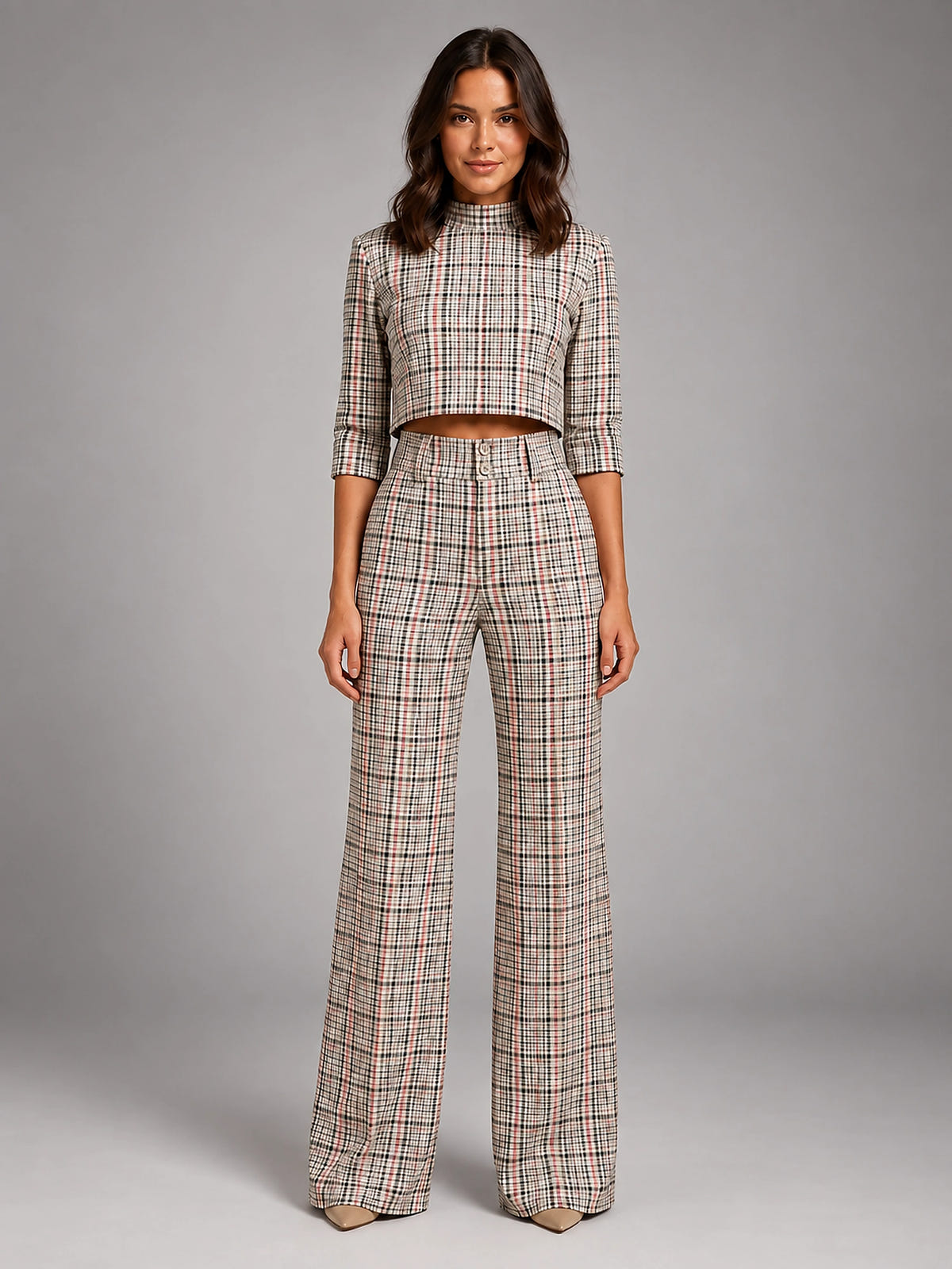 Women's Crop Top Set – Wide Leg Pants - Check