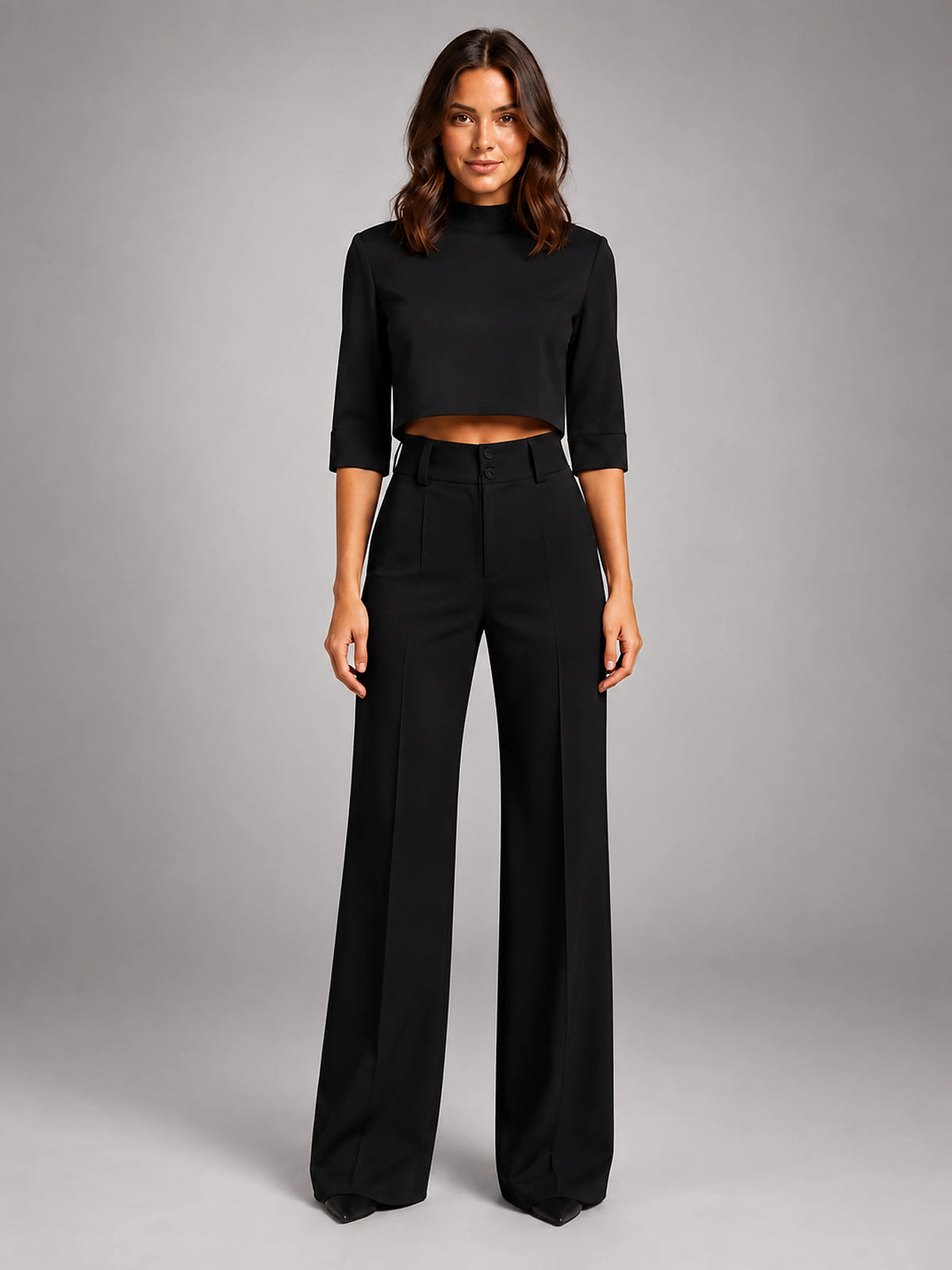 Women's Crop Top Set – Wide Leg Pants - Black