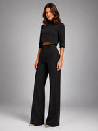 Women's Crop Top Set – Wide Leg Pants - Black
