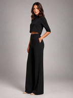 Women's Crop Top Set – Wide Leg Pants - Black
