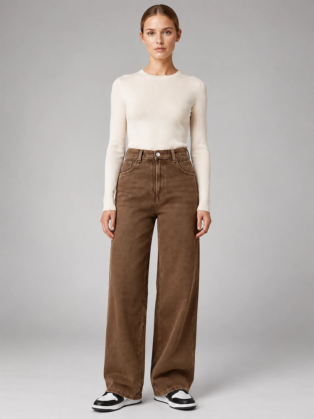 Women's Wide Leg Jeans – High Waisted Denim - Brown