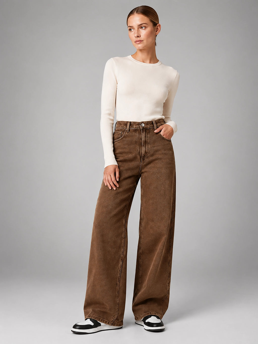 Women's Wide Leg Jeans – High Waisted Denim - Brown