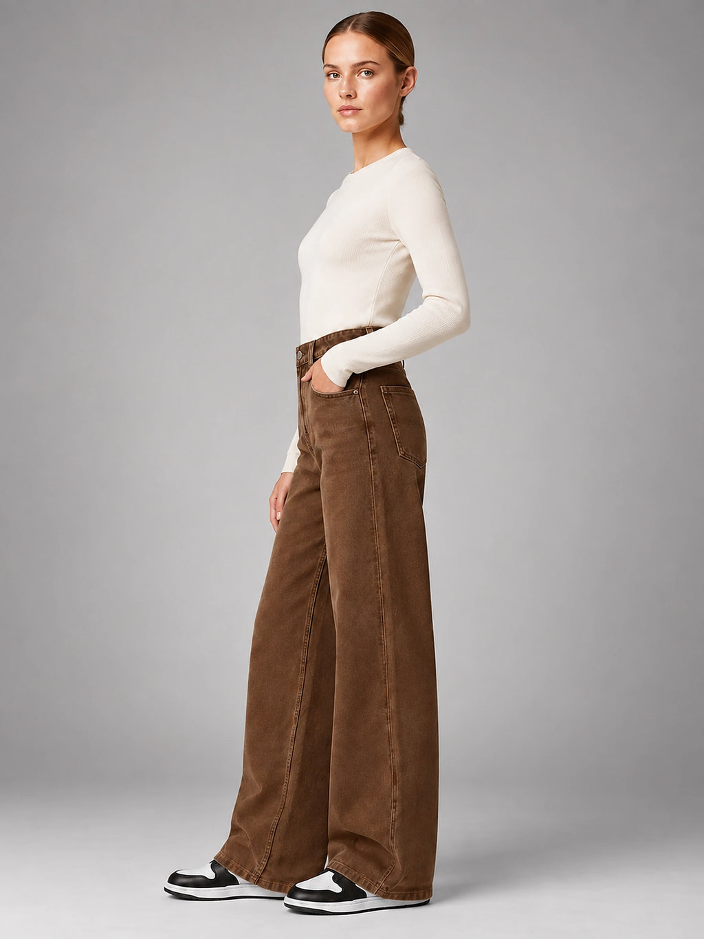 Women's Wide Leg Jeans – High Waisted Denim - Brown
