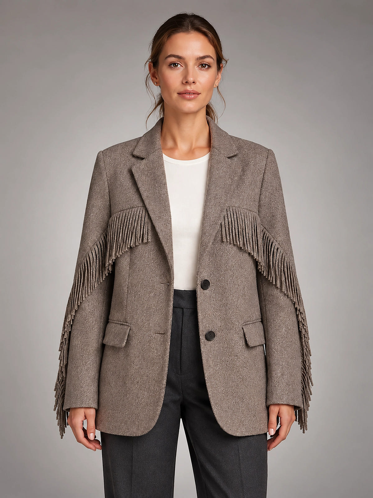 Women's Fringe Blazer – Open Front Loose Tassel Layer - Brown