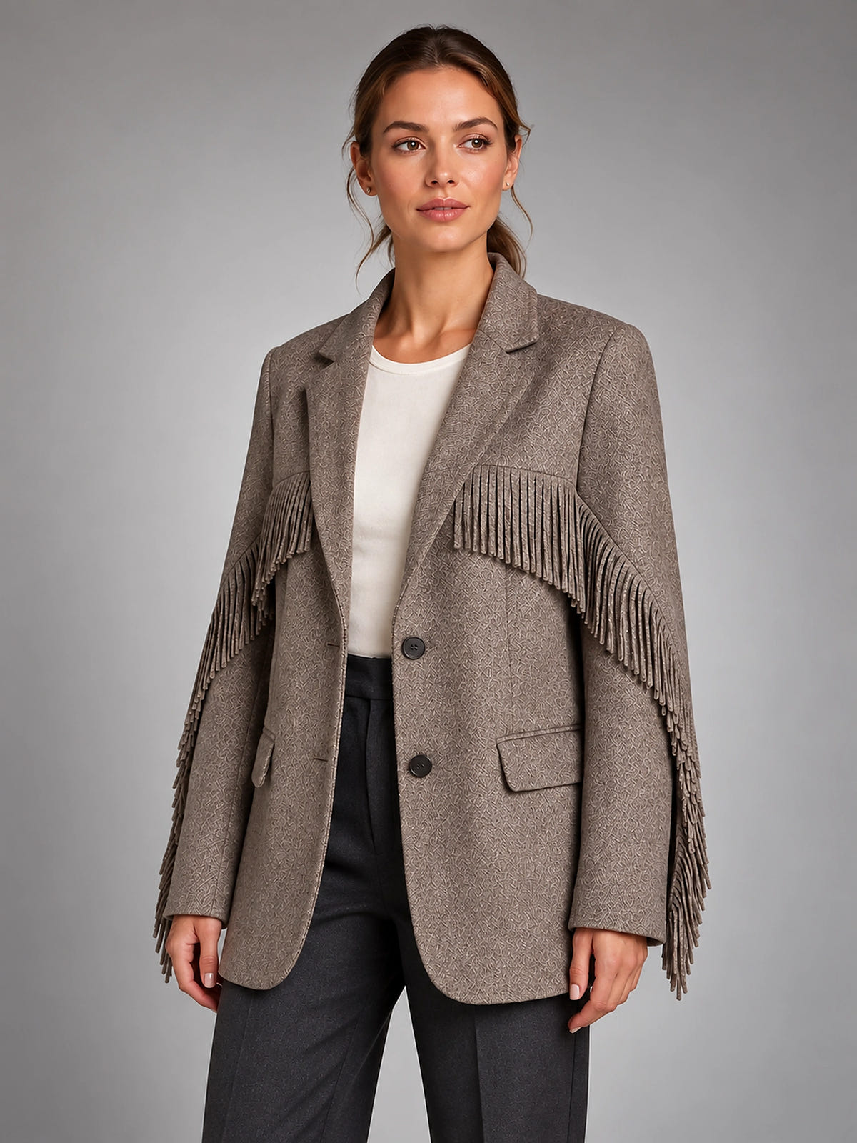 Women's Fringe Blazer – Open Front Loose Tassel Layer - Brown
