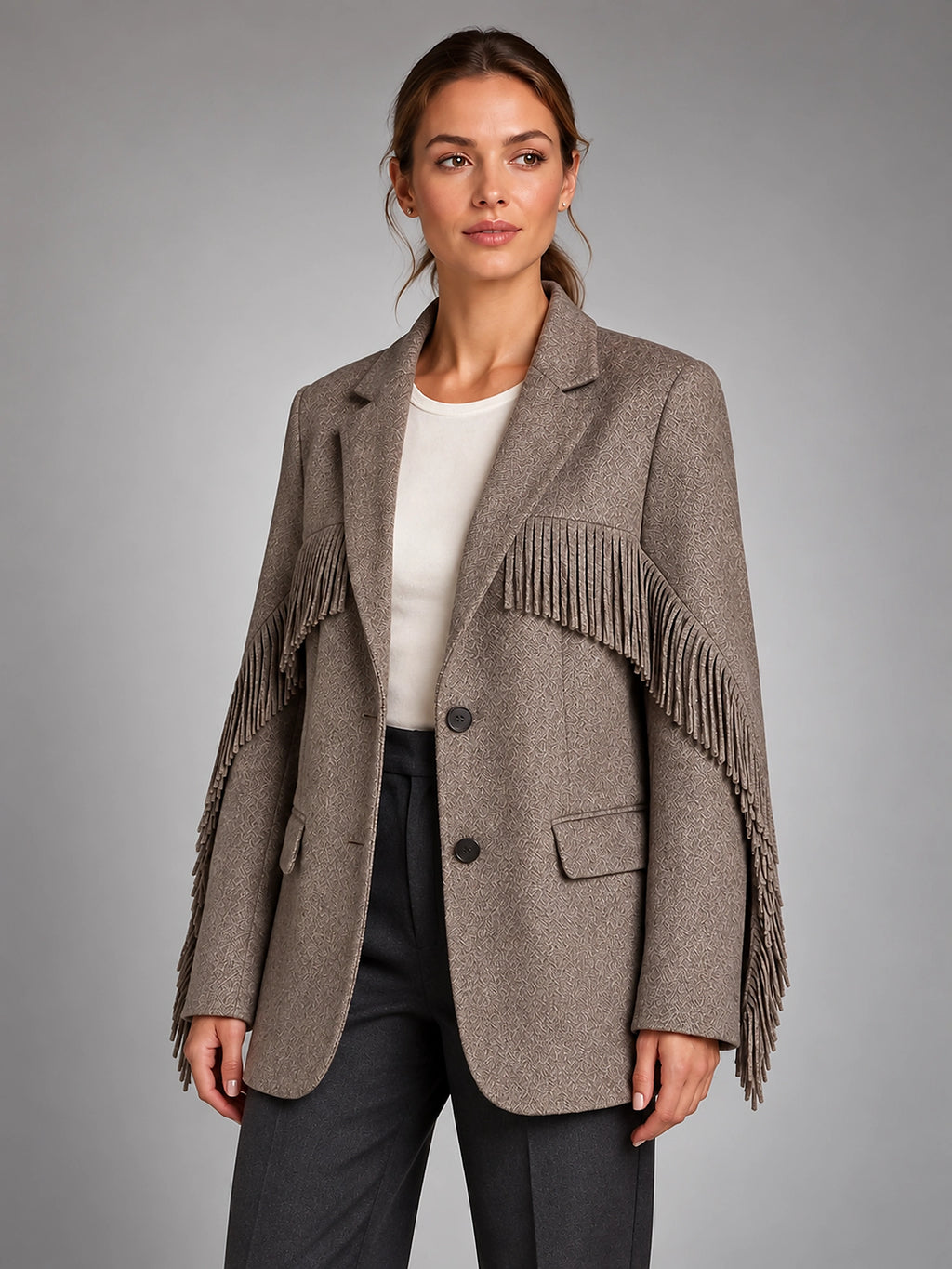 Women's Fringe Blazer – Open Front Loose Tassel Layer - Brown