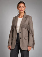 Women's Fringe Blazer – Open Front Loose Tassel Layer - Brown