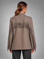 Women's Fringe Blazer – Open Front Loose Tassel Layer - Brown