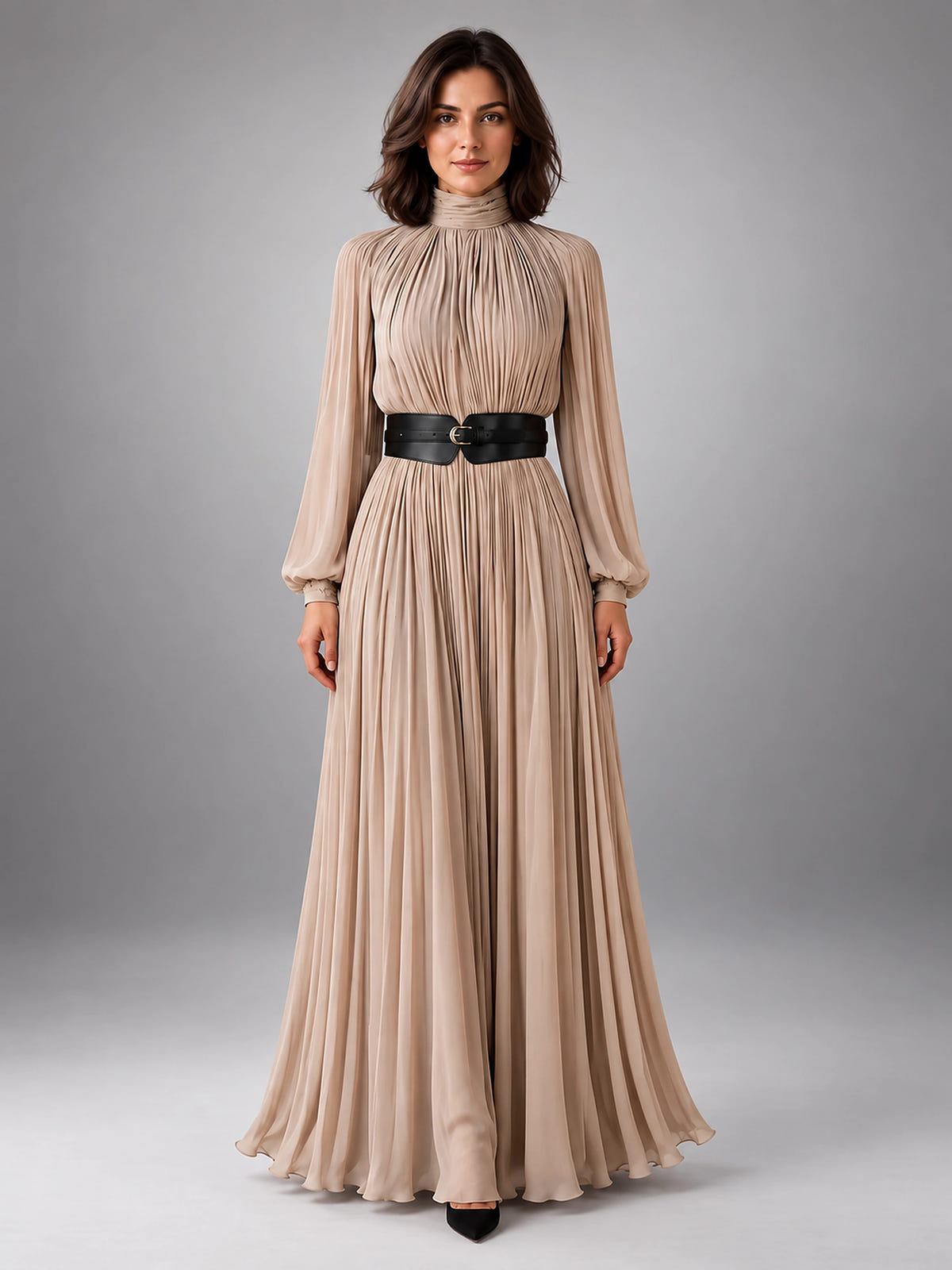 Women's Pleated Maxi Dress – High Neck Fluid Column - Beige