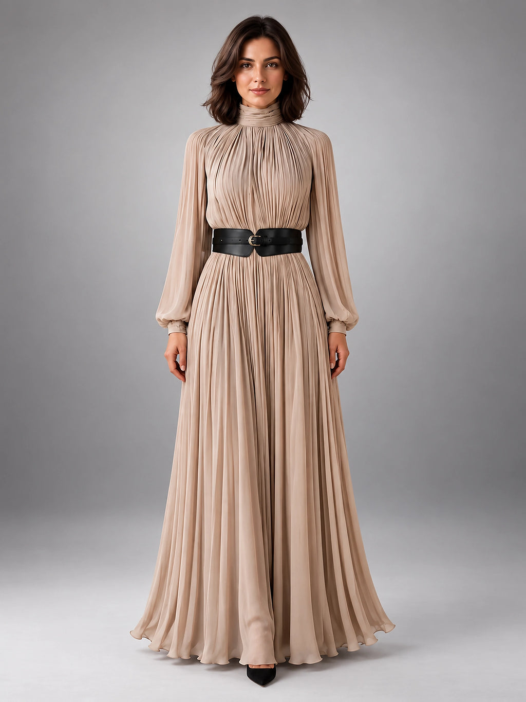 Women's Pleated Maxi Dress – High Neck Fluid Column - Beige