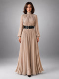 Women's Pleated Maxi Dress – High Neck Fluid Column - Beige