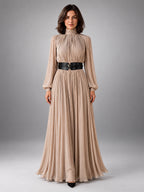 Women's Pleated Maxi Dress – High Neck Fluid Column - Beige