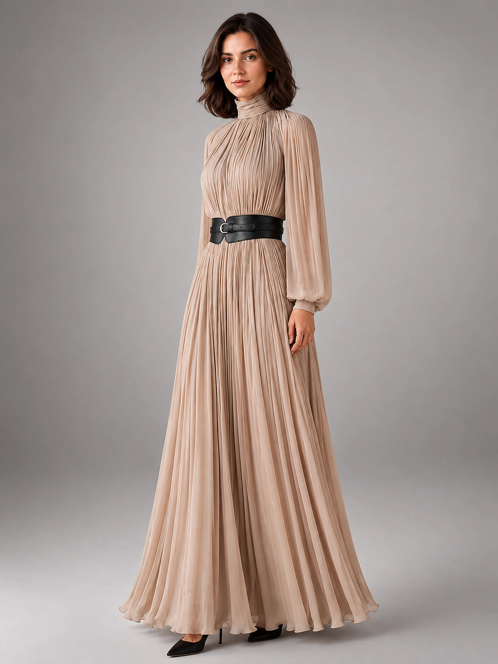 Women's Pleated Maxi Dress – High Neck Fluid Column - Beige