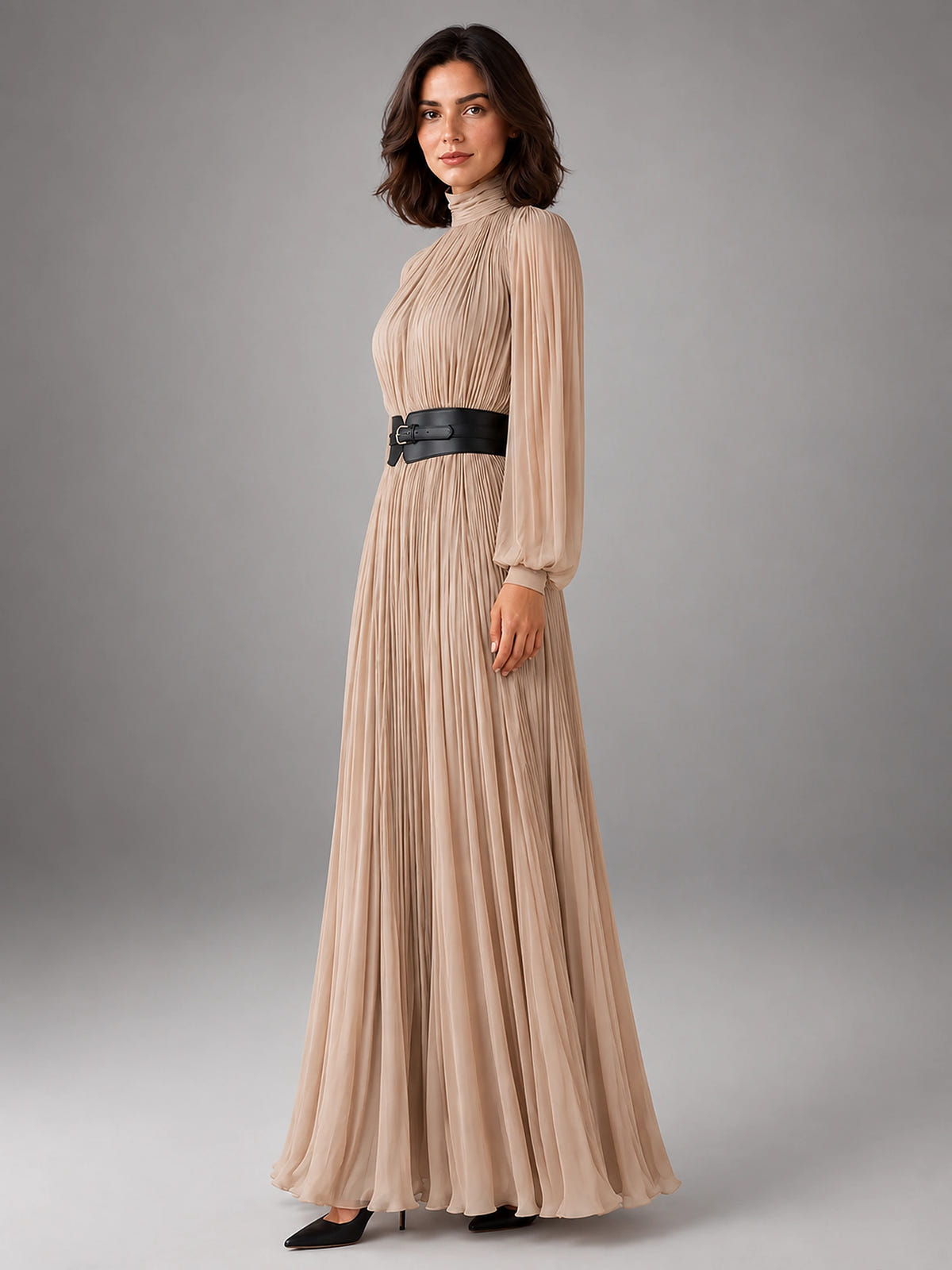 Women's Pleated Maxi Dress – High Neck Fluid Column - Beige