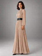 Women's Pleated Maxi Dress – High Neck Fluid Column - Beige