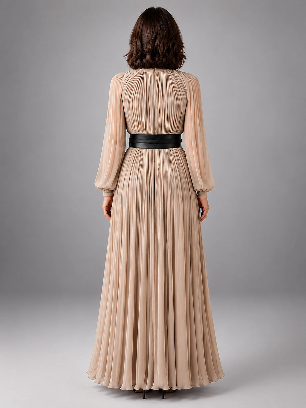 Women's Pleated Maxi Dress – High Neck Fluid Column - Beige