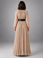Women's Pleated Maxi Dress – High Neck Fluid Column - Beige