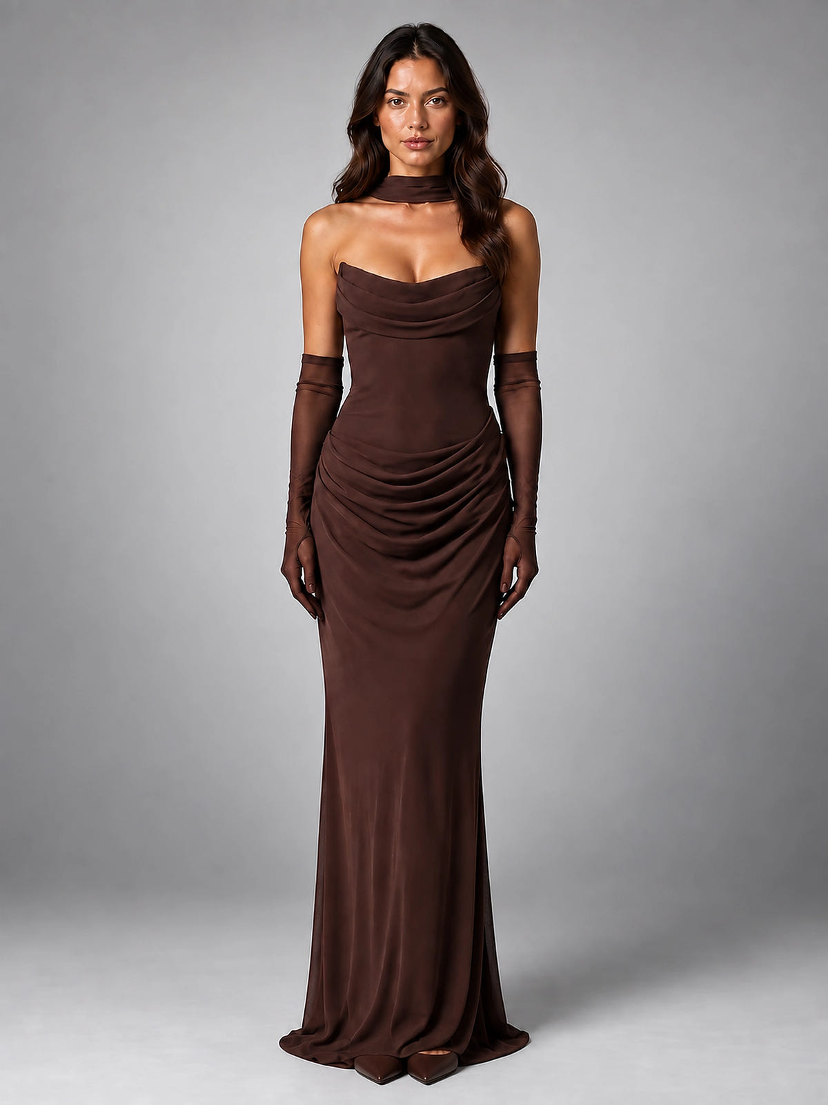 Women's Satin Evening Gown – Cowl Neck with Matching Gloves - Brown
