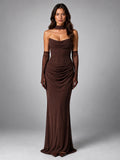 Women's Satin Evening Gown – Cowl Neck with Matching Gloves - Brown
