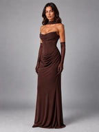 Women's Satin Evening Gown – Cowl Neck with Matching Gloves - Brown