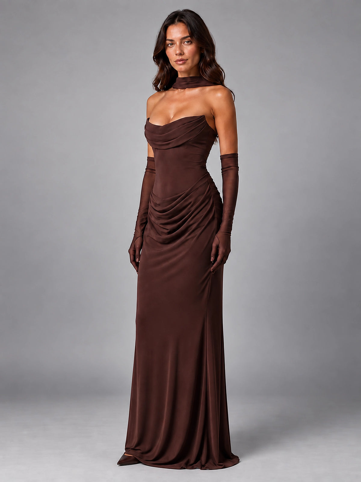 Women's Satin Evening Gown – Cowl Neck with Matching Gloves - Brown