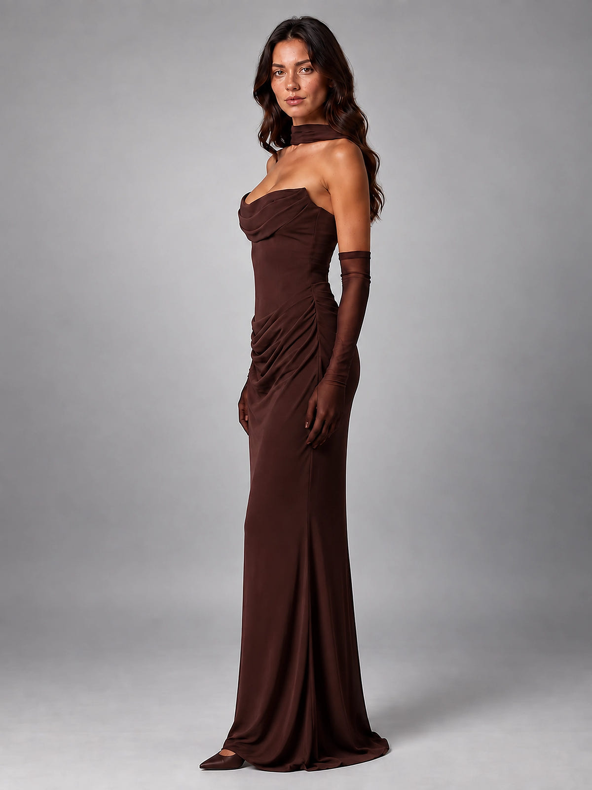 Women's Satin Evening Gown – Cowl Neck with Matching Gloves - Brown