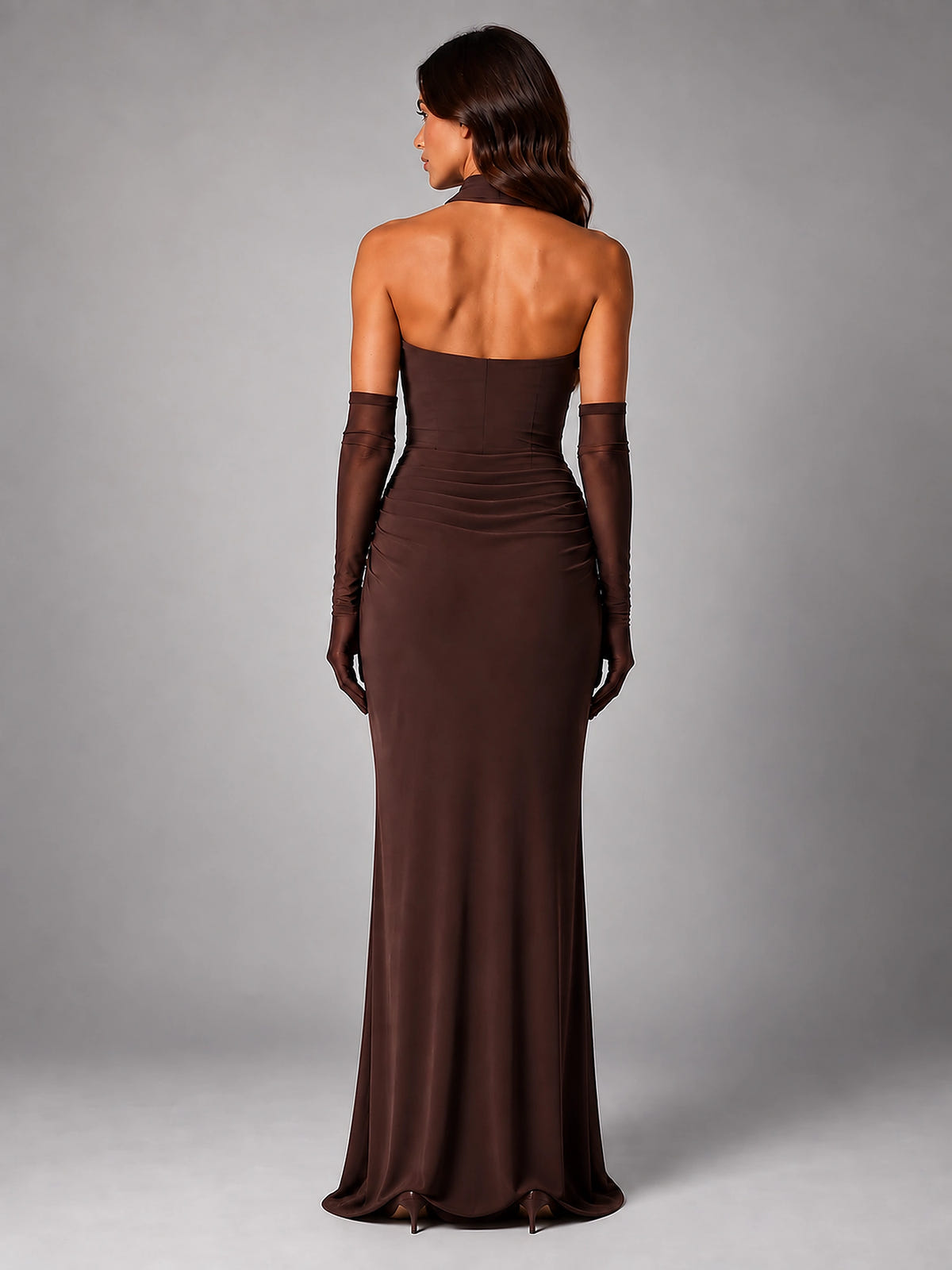 Women's Satin Evening Gown – Cowl Neck with Matching Gloves - Brown