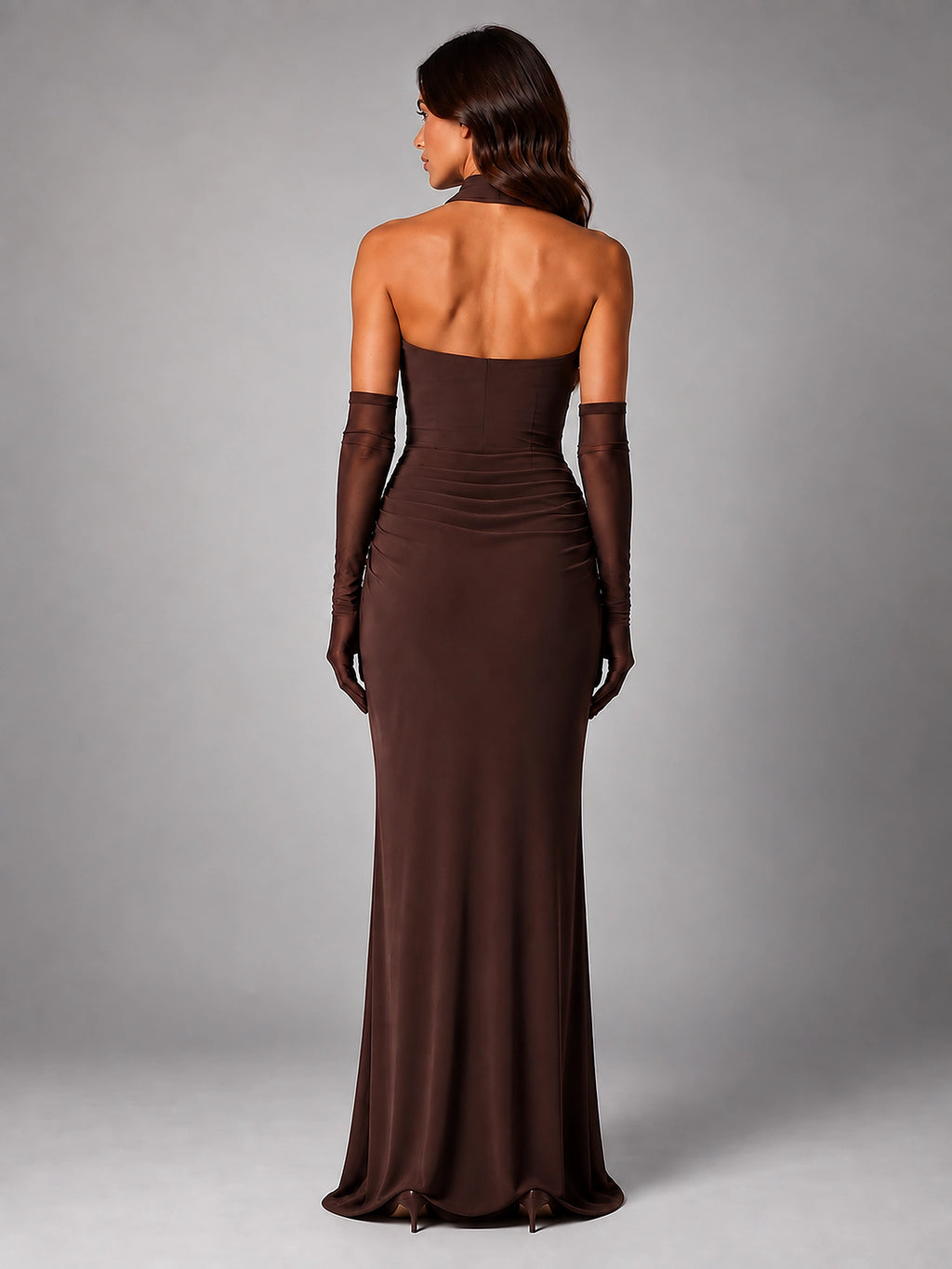 Women's Satin Evening Gown – Cowl Neck with Matching Gloves - Brown