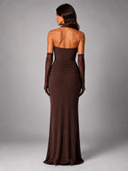 Women's Satin Evening Gown – Cowl Neck with Matching Gloves - Brown