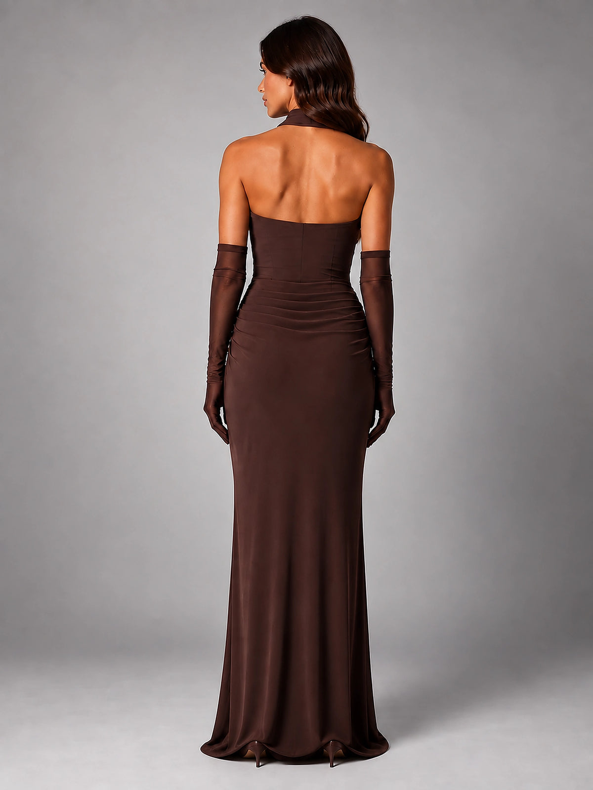 Women's Satin Evening Gown – Cowl Neck with Matching Gloves - Brown